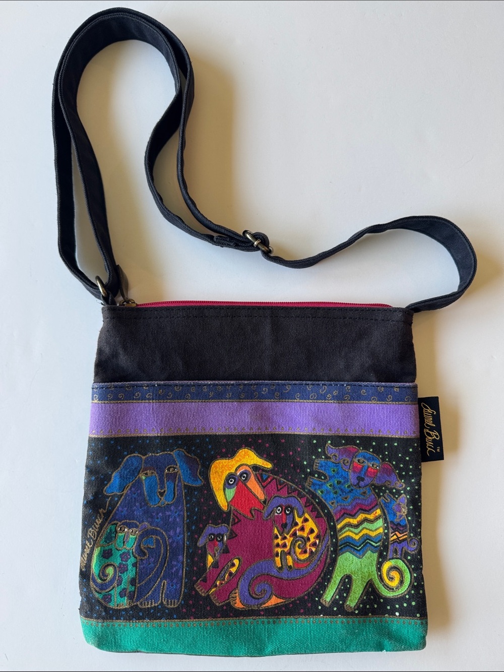 Laurel Burch DOGS Black Multi-Color Canvas Crossbody Bag